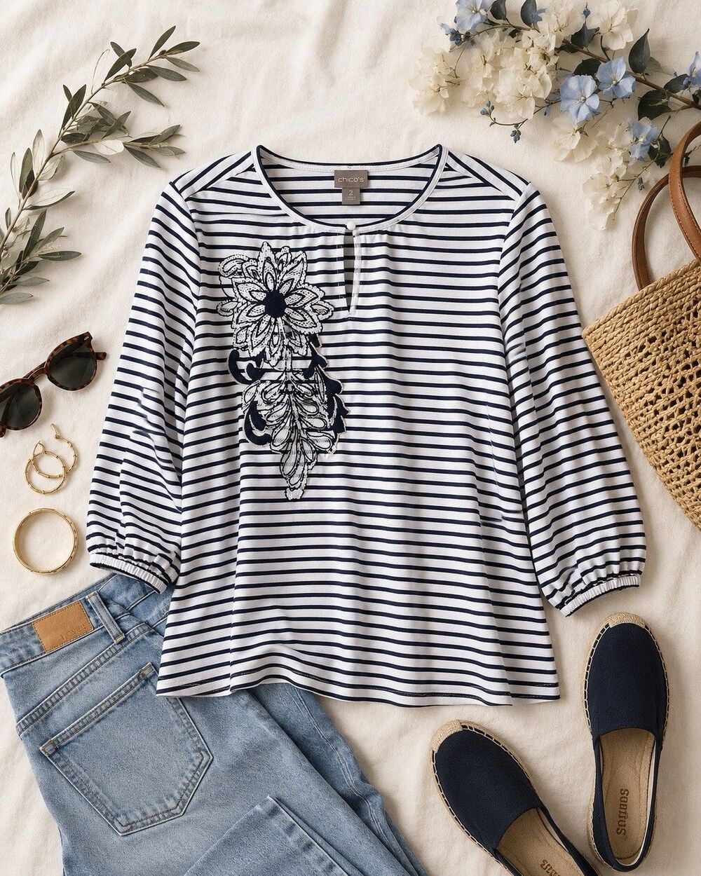 Chico's Nautical Striped Embroidered Floral Top Size 2